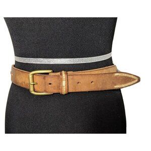 Belt Brown Leather Woman's Size 37 Gap Multicolored Beaded Solid Brass Buckle